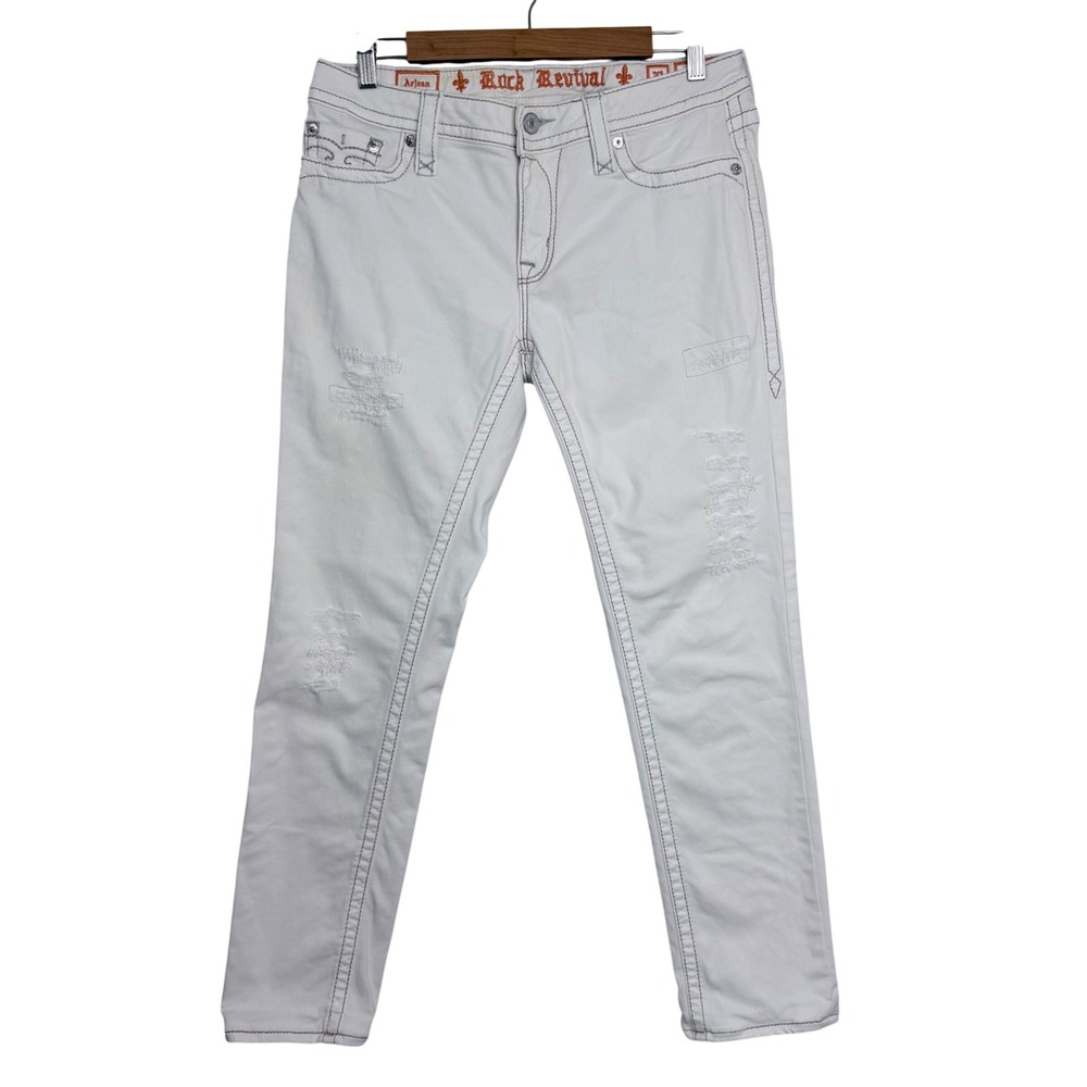 Rock Revival women's Arjean White Distressed Skinny‎ Jeans Thick Stitch 31